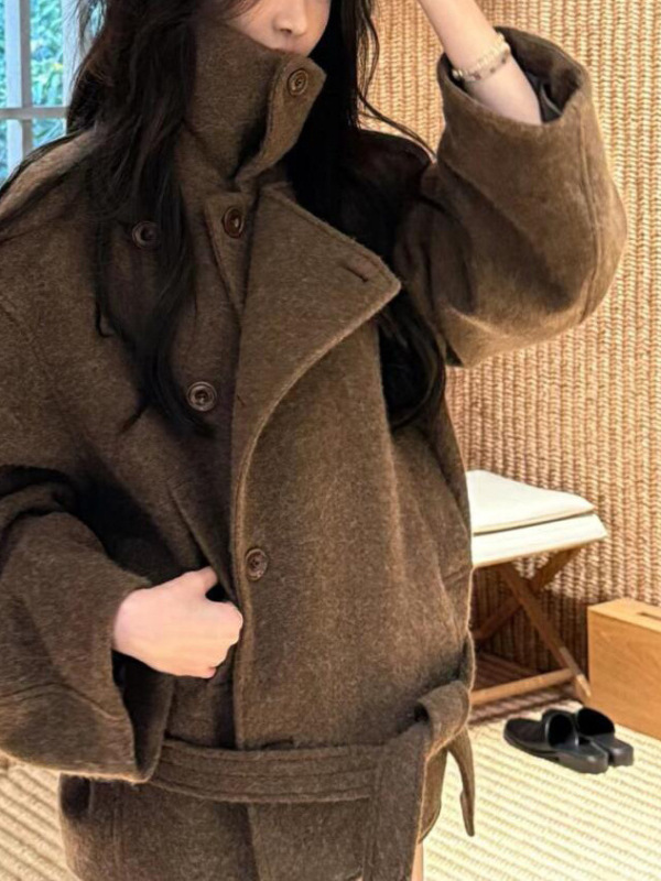 老钱风翻领毛短款呢大衣系带浴袍短款外套驼色收腰上衣大复古|undefined