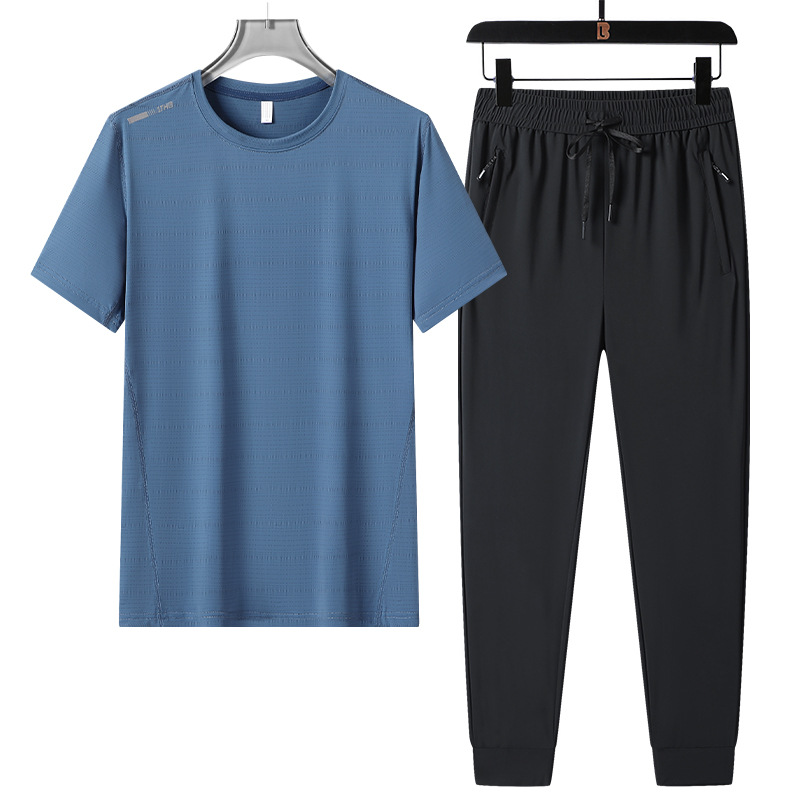 Hombre de verano helado juego deportivo casual transpirable rápido seco cuello redondo manga corta suelta pantalones largos de dos piezas al por mayor