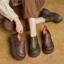 2025年秋季新款圆头手工真皮套脚鞋厚底坡跟松紧单鞋一脚蹬女鞋