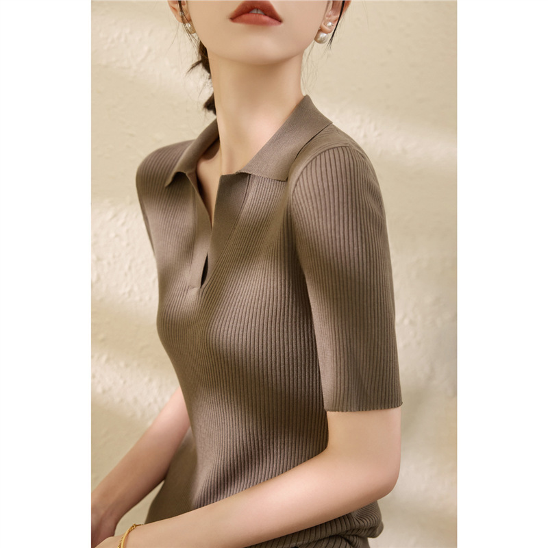 Summer Lyocell Tencel Pit Strip Slim Fit Knitwear for Women Thin Right Shoulder Half-Open Flip V-Neck Short-Sleeved Ice Silk Top