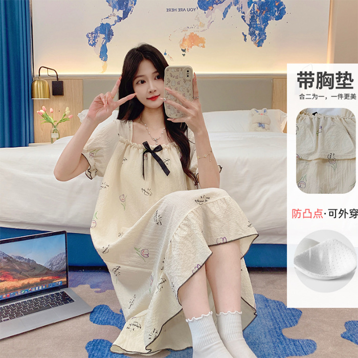 Verano con cojín de pecho pijama espuma de mujer manga corta pijama largo dulce estudiante princesa ropa de casa mayorista