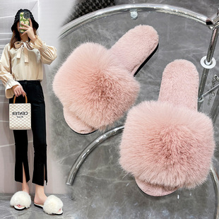 European and American Export Slippers 2024 Long Hair Slippers Women's Summer Outer Wear Furry Slippers Flats Slippers Autumn and Winter