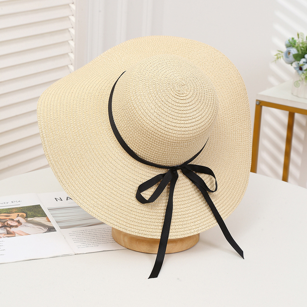Sombrero de paja con lazo – estilo veraniego, ala ancha, para playa o vacaciones al aire libre