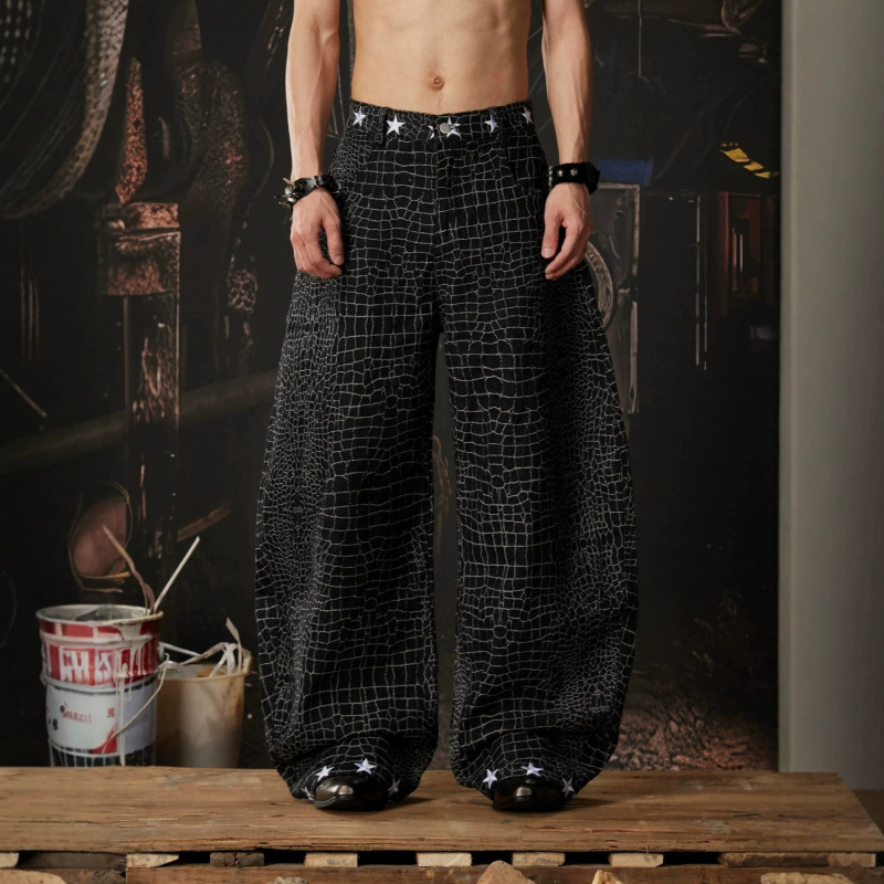 American-Style Crocodile Texture Wide-Leg Jeans for Men and Women with Star Embroidery on the Waistband and Hem, Trendy Brand Slim-Fit Long Pants American-Style Crocodile Texture Wide-Leg Jeans for Men and Women with Star Embroidery on the Waistband and Hem, Trendy Brand Slim-Fit Long Pants