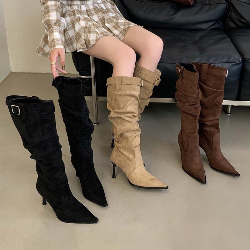 2025 New Over-The-Knee Stacked Boots for Women, Autumn and Winter Pointed Toe Stiletto Snow Boots