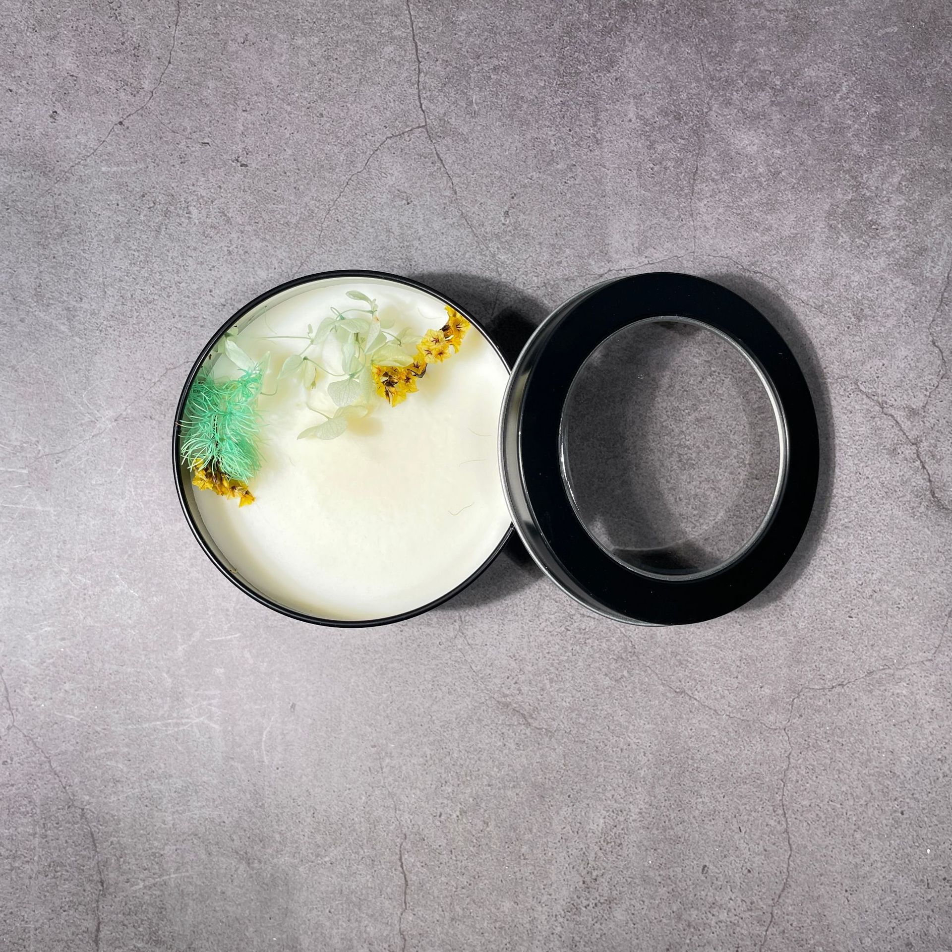 Flor seca de soja cera hojalata puede ventana creativa ins estilo Regalo Cumpleaños DIY bálsamo sólido aromaterapia vela