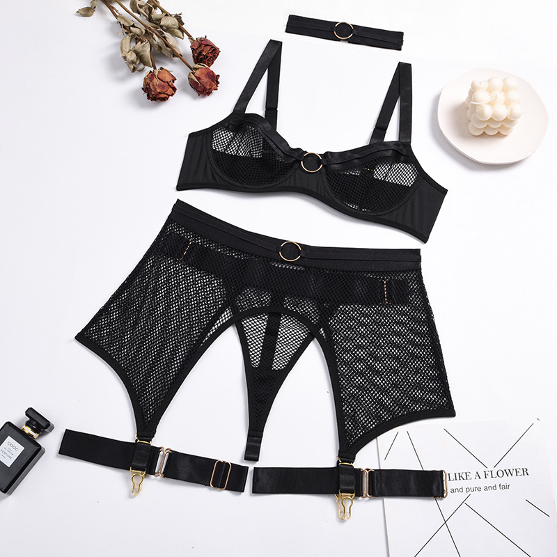 Hollow Metal Rings Stitching Solid Color Mesh See-Through Underwear Four-Piece Set NSMXF114546