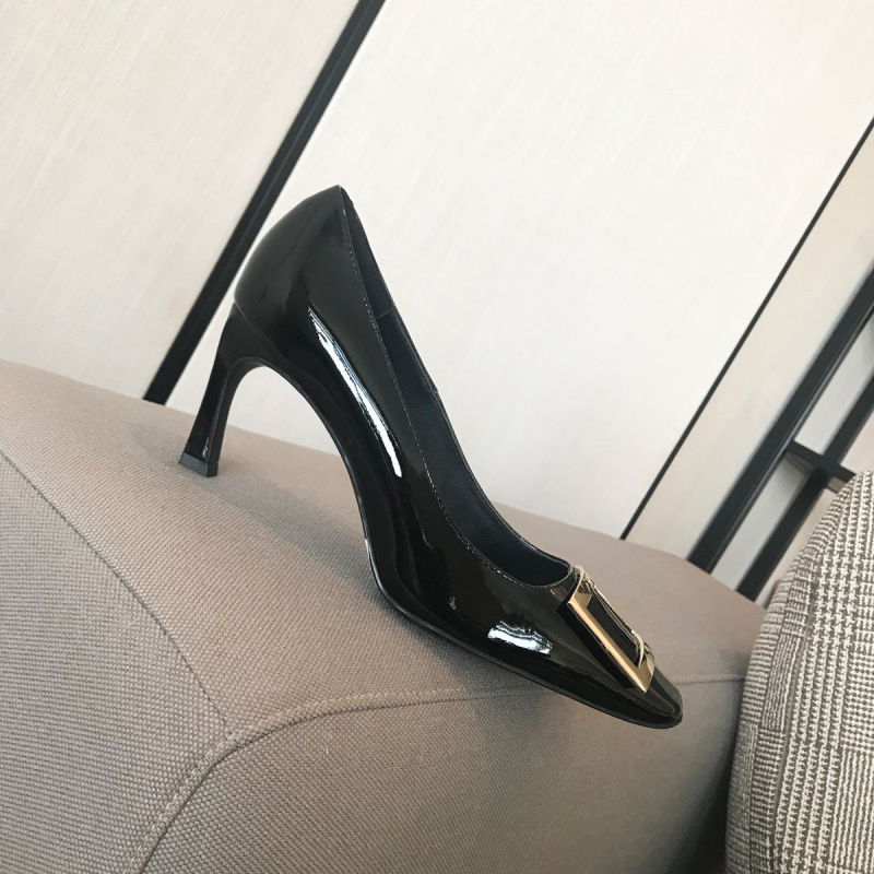 レターメタルスクエアバックル浅口婦人靴ミッドヒールスクエアトゥシューズクラシック馬蹄ヒールパテントレザー女性用プロフェッショナルワークシューズ|undefined