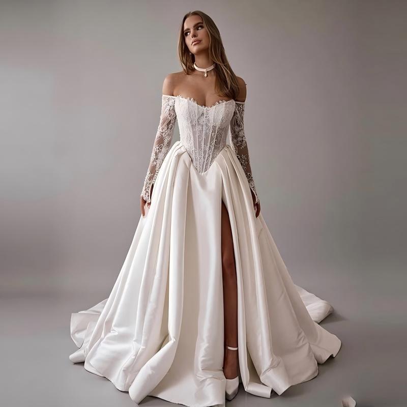 French-style one-shoulder lace long-sleeve wedding dress for women, high-end Amazon cross-border slit-train wedding gown for travel photoshoots French-style one-shoulder lace long-sleeve wedding dress for women, high-end Amazon cross-border slit-train wedding gown for travel photoshoots