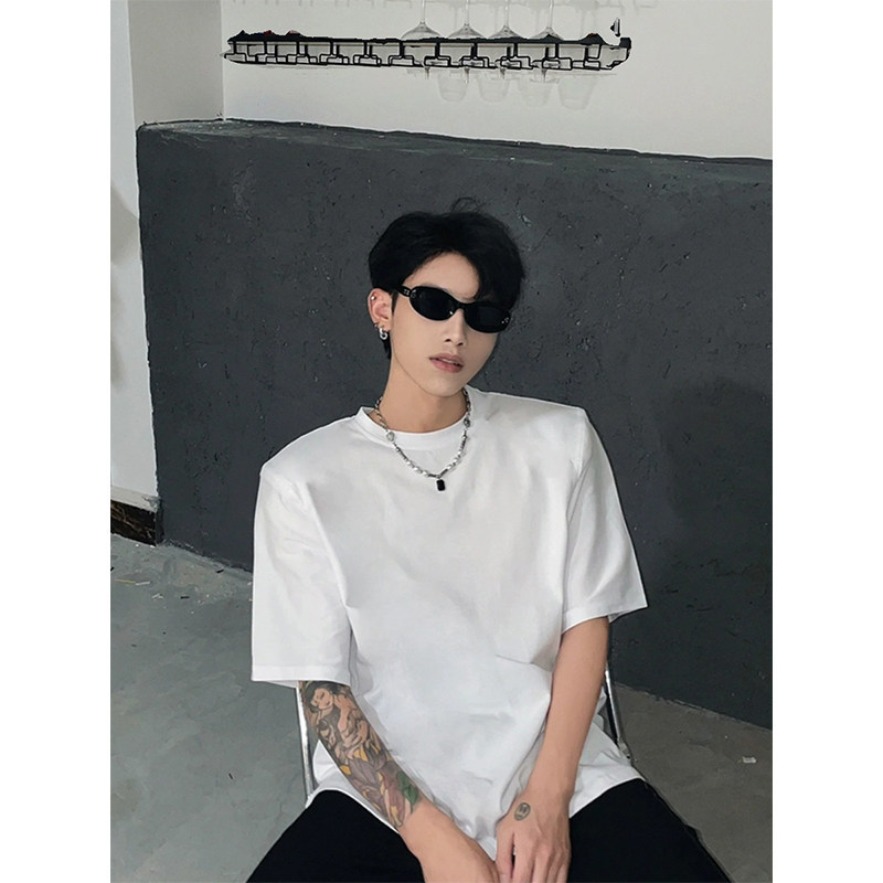 White American-Style Right-Angle Padded Shoulder T-Shirt, Summer Design, Cleanfit, Regular Shoulder Short-Sleeve Men's Inner Wear, Pure Cotton Half-Sleeve