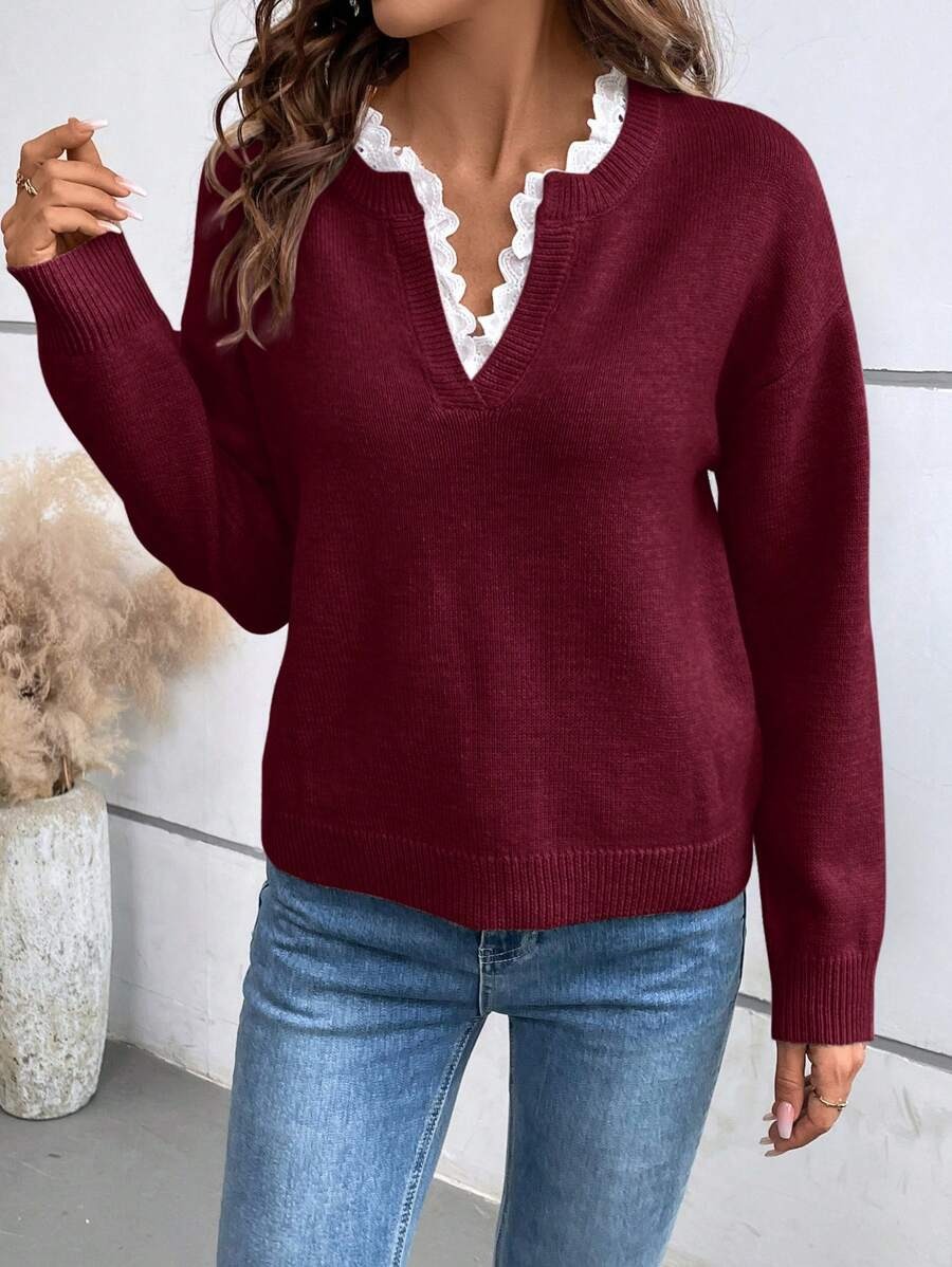 Damen Strickpullover Mit V-ausschnitt Und Spitzenbesatz Langarm_voghion.com