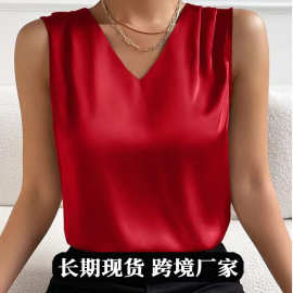 2026亚马逊欧美跨境女装  色丁缎面西服砍袖气质通勤背心打底上衣