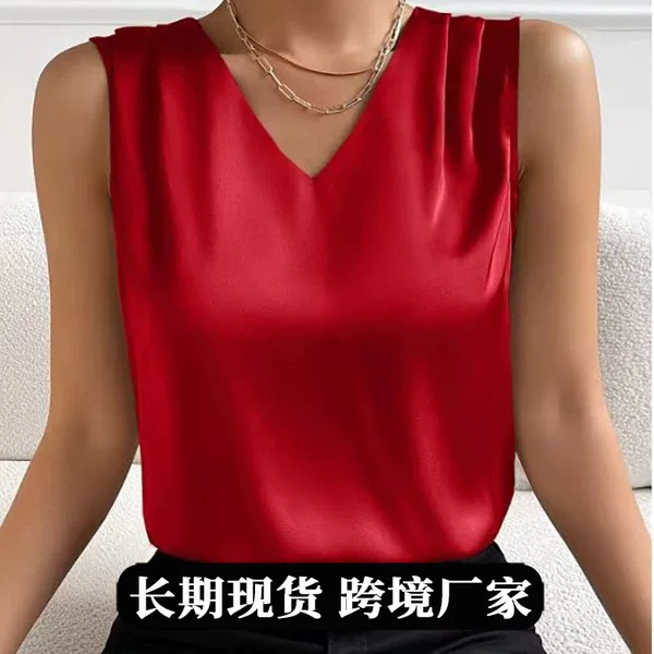 2025 Amazon European and American Cross-Border Women's Clothing Satin Suit with Cut Sleeves and Elegant Commuter Vest Bottoming Top