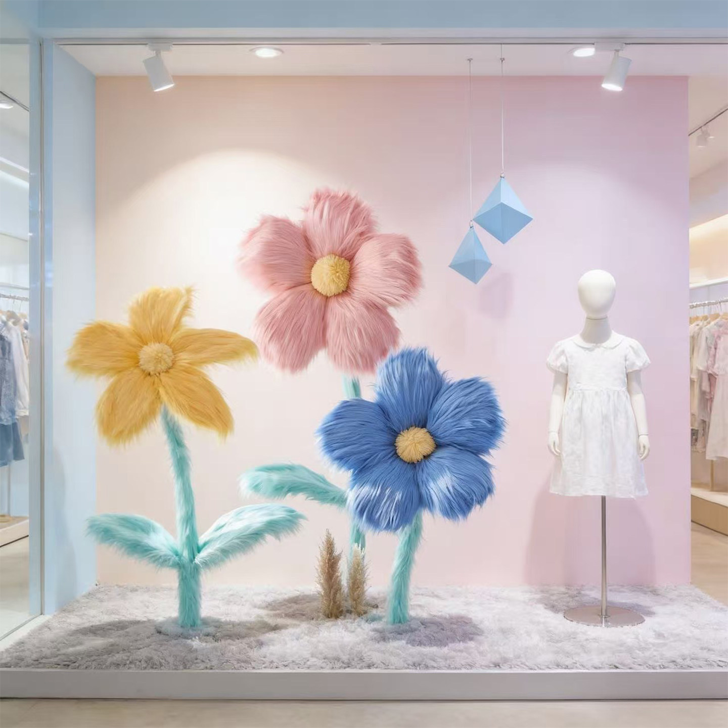 服装店橱窗毛绒花艺装饰摆件美陈春节氛围场景布置新年拍照道具