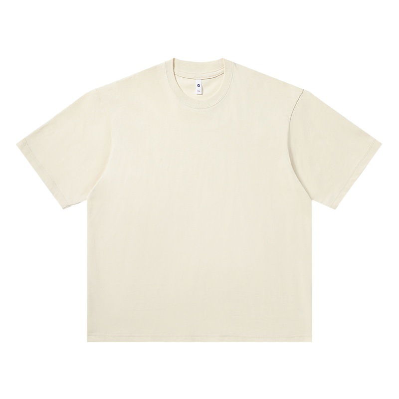 Camiseta básica de 250g para mujer, camiseta de manga corta de algodón puro con hombros caídos para hombre, estilo pareja de color sólido con cuello redondo, holgada e informal.