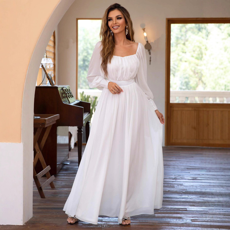 European and American White Large-Swing Dress Square-Neck Long-Sleeved High-Waist Slim Long Dress Wedding Banquet Formal Occasion Dress