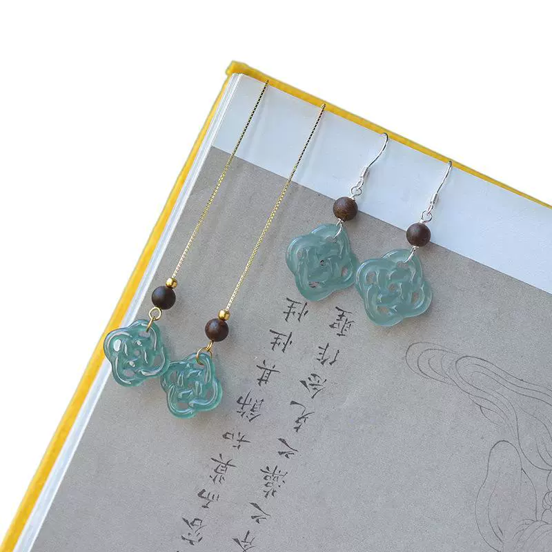 Серьги Amazon в винтажном стиле, из серебра 925 пробы, с натуральным нефритом, синие, с полым узором «Руйи», серьги с агаровым деревом Циньань