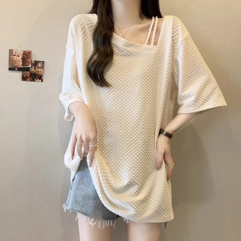 大码慵懒风小众短袖t恤女2025夏季新款宽松显瘦设计感不规则上衣|undefined