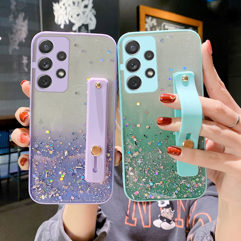 Fine Hole Color Hem Gradient Glitter Epoxy Phone Case For  A52/a72/a32 5g/s21 Wrist Strap Soft Case display picture 1