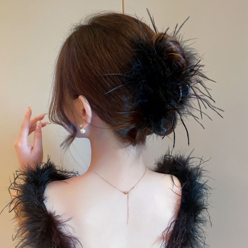 純欲ins風ダチョウ羽クリップ大ヘアクリップ後頭部クリップ頭飾りサメクリップ高級感髪飾り|undefined