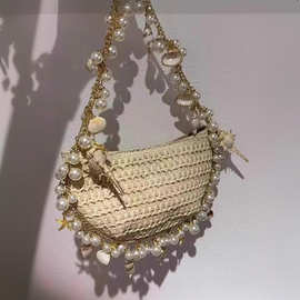 2025新款网红海螺珍珠链条编织草编包半圆包仙女轻奢手提包