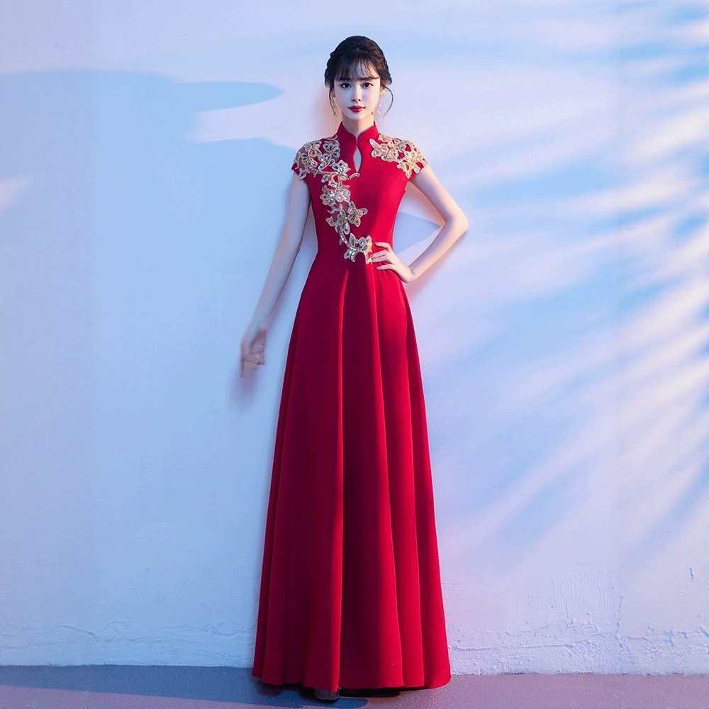 Red New Chinese-Style Choir Performance Dress for Women, Long Skirt, 2026 New Model, Red Song Competition Solo Performance Evening Dress