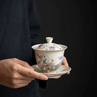 仿古泥虞美人三才盖碗 草木灰复古泡茶碗 功夫茶具单个盖碗家用