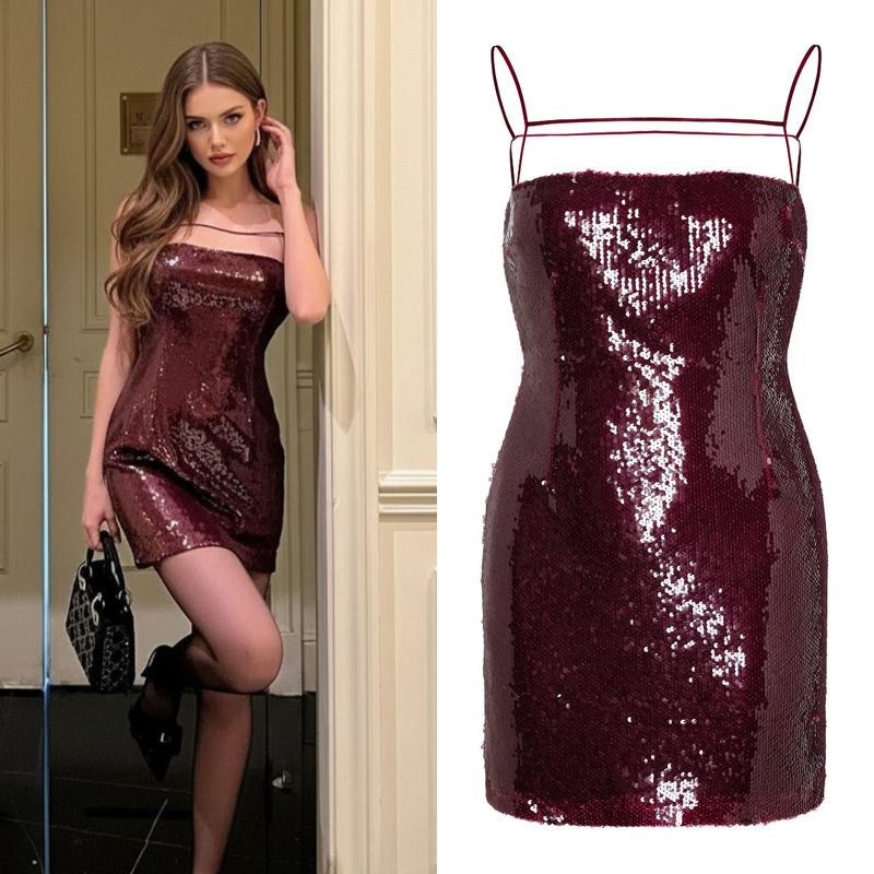 2026 Sequined Elegant Pure Desire Sexy Backless Spaghetti Strap Dress for Women, Party Dress, Evening Gown, Birthday Party Dress