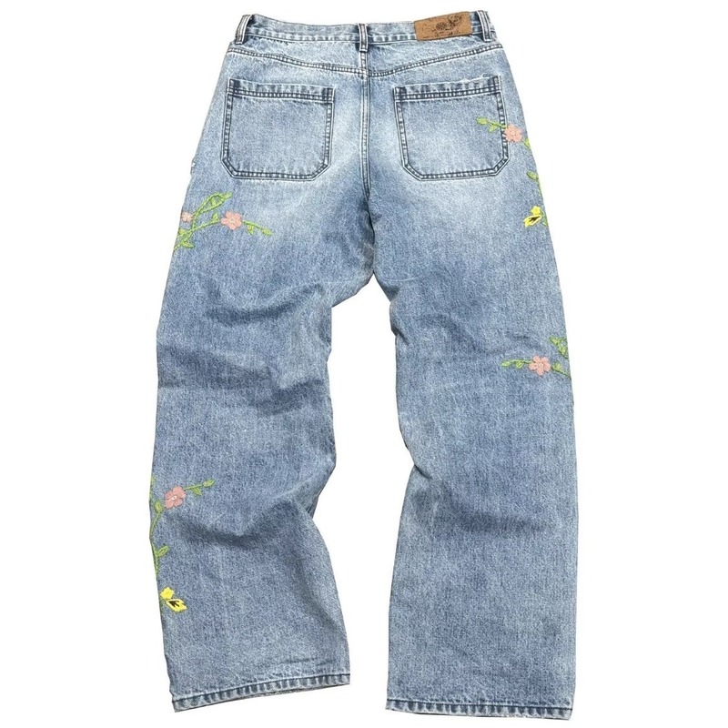 夏のニッチデザインの男性と女性のための花柄デニムパンツ、ハイストリートカジュアルパンツ、ゆったりとしたドレープのワイドレッグパンツ、トレンディな|undefined