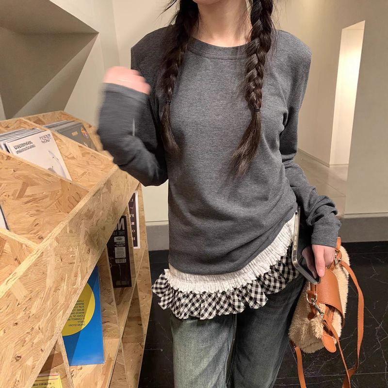 2025 Autumn New Romantic Lace Ruffle Design Long Sleeve T-Shirt Stylish Fashionable Round Neck T-Shirt Base Shirt