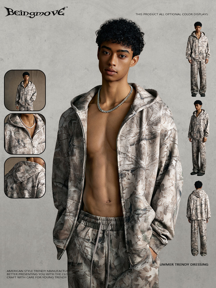 Calle secada| 2025 otoño Europa y América comercio exterior marca de moda ramas camuflaje con cremallera con capuz cardigan suéter hombre