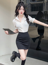 夏季ol制服套装工作服职业装气质女白衬衫包臀裙子酒店前台黑包裙