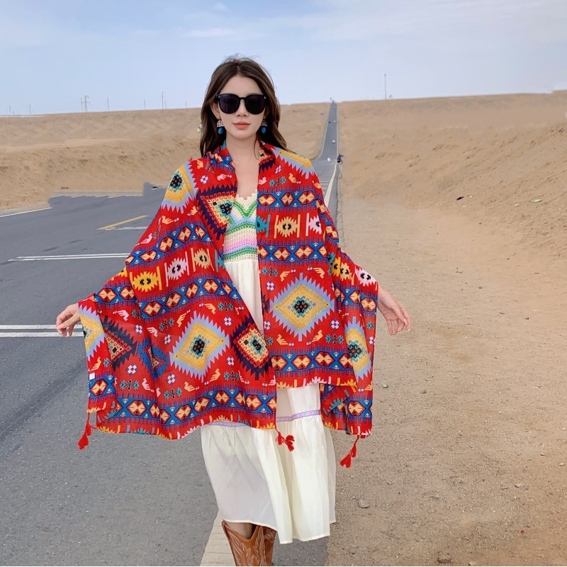 Retro estilo étnico rojo bohemio geométrico impresión viajes protector solar chal de algodón y lino sensación exterior bufanda para las mujeres