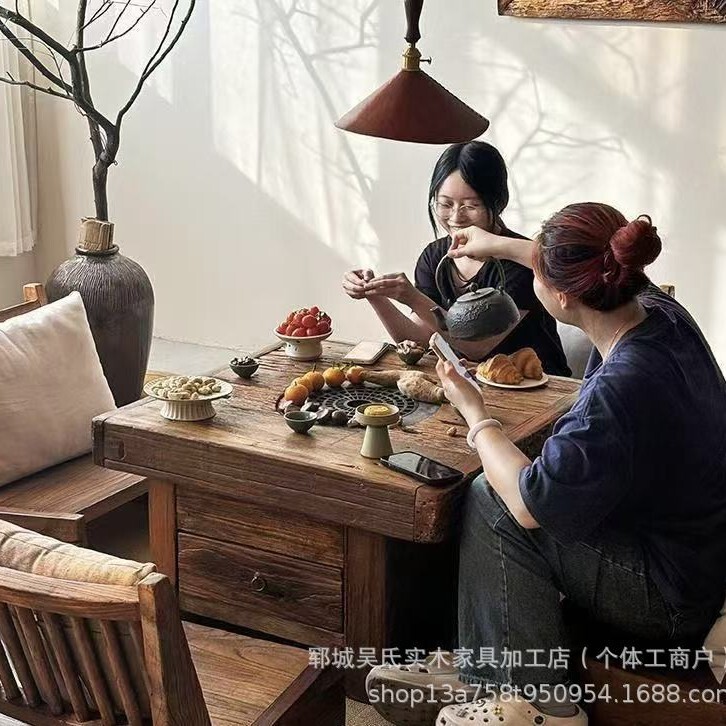老榆木茶桌家用实木煮茶休闲火锅餐桌露营野餐喝茶多功能烧烤桌|undefined