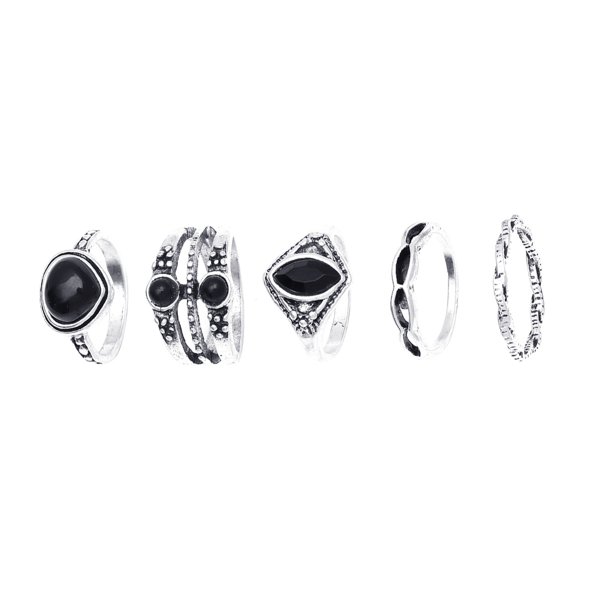 New Retro Geometric Ring Set Inlaid Black Zircon Tail Ring display picture 4