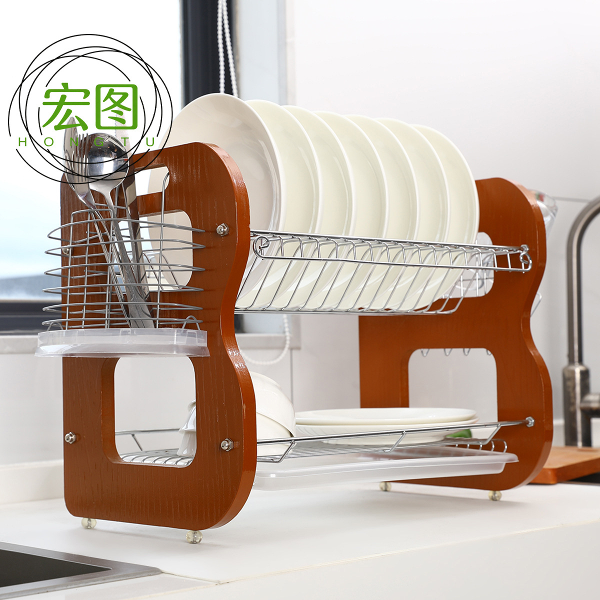 Escurridor de Platos de Madera Modelo B Multifuncional para Cocina image 1