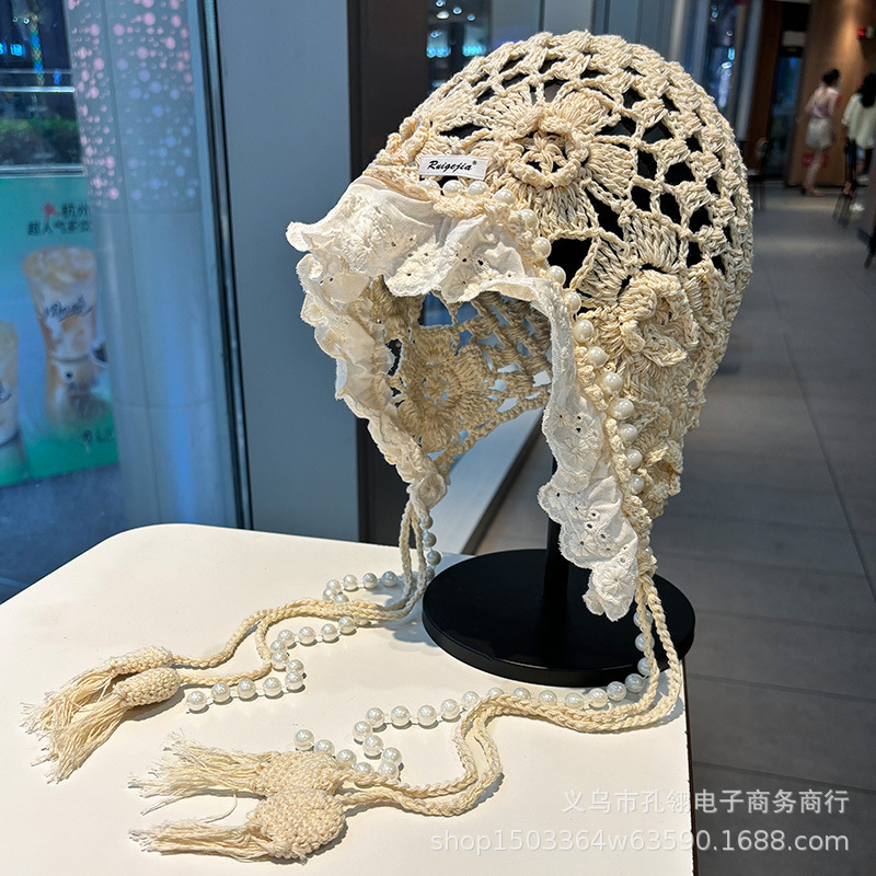 红色针织帽子女2025新款波西米亚风镂空花朵包头帽珍珠流苏套头帽|undefined