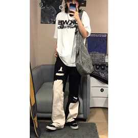 假两件黑白拼接破坏微喇牛仔裤男美式高街vibe裤子潮牌双色鸳鸯裤