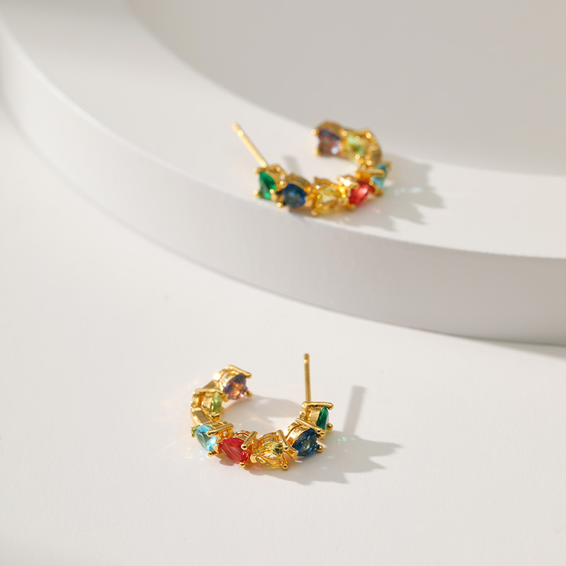 Retro C Shape Heart Shape Copper Inlay Zircon Ear Studs 1 Pair