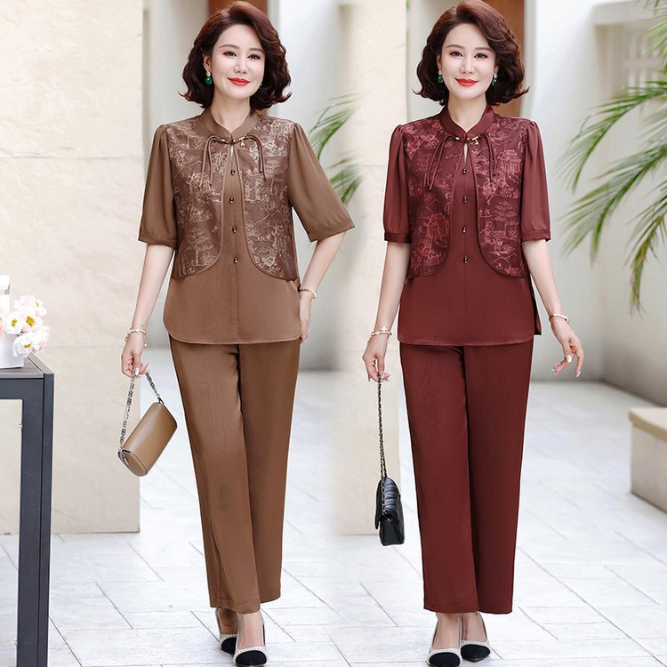 New Chinese Style Mother's Summer Dress suit Guofeng Small Shirt Middle-aged and Elderly Women's Summer Short-sleeved Top for Mother-in-law Wedding Dress