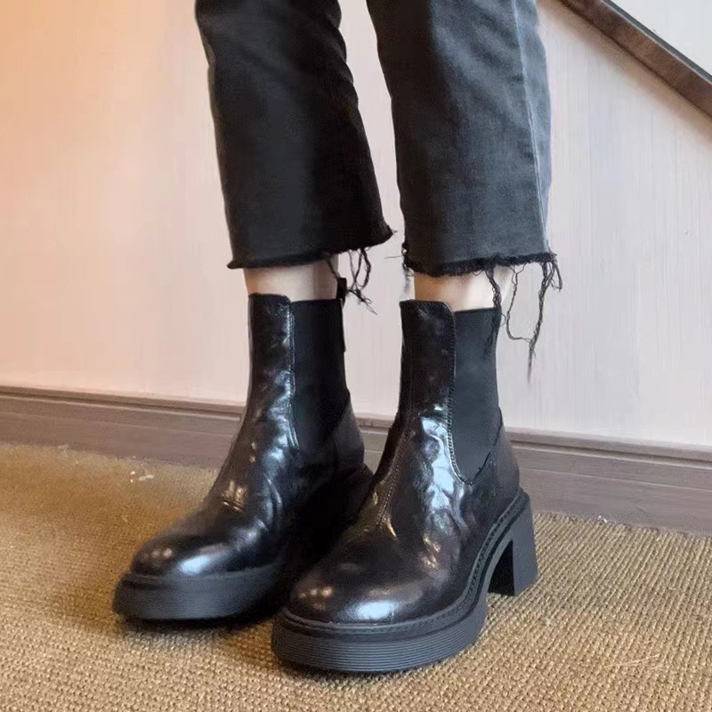 Autumn And Winter Retro Pleated Slim High-heeled Short Boots, Thick-soled Chunky Heel Black New Elastic Martin_vogvips.com