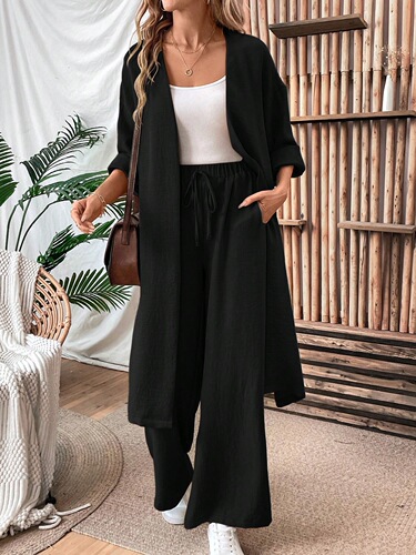 European and American casual suits, spring and autumn long cardigan tops, wide-leg pants, two-piece set, wide-leg slimming