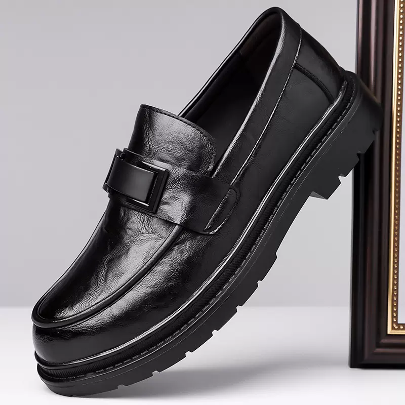 跨境男士皮鞋新款商务休闲皮鞋男一脚蹬时尚潮流英伦风厚底皮鞋男