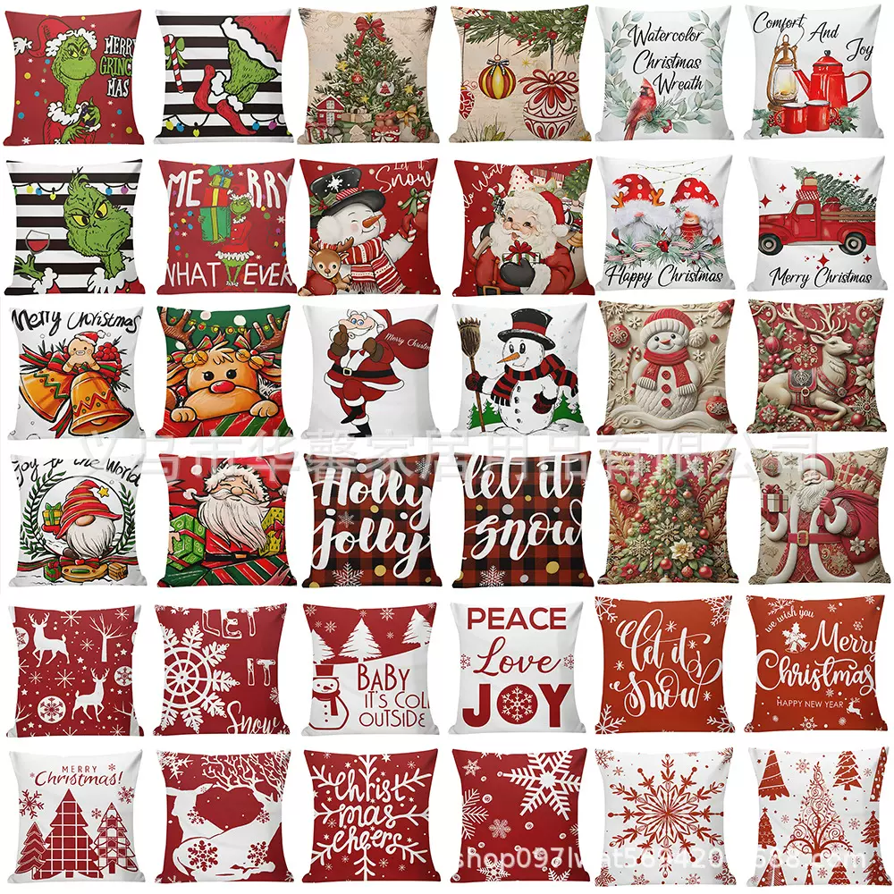 跨境圣诞节抱枕套亚麻字母雪人印花靠垫套圣诞节抱枕套沙发靠垫套