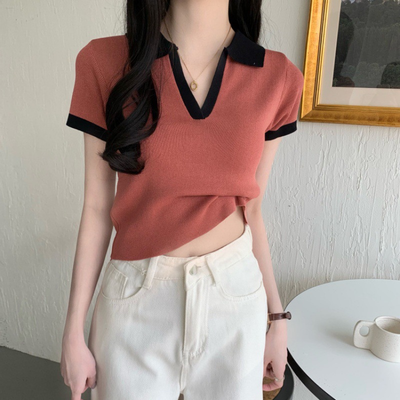 レディース ポロシャツ 配色デザイン襟付きニットポロシャツ半袖