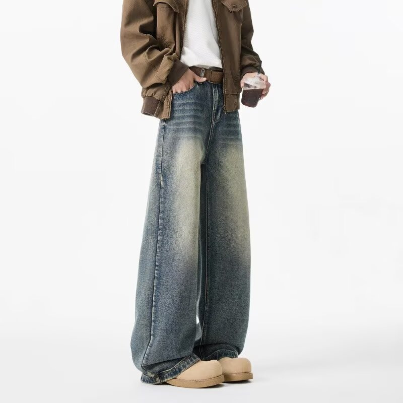 Men's Vintage Washed Denim Jeans Slightly Flared Wide-Leg Cat Whisker Detailing High-Street Style Cleanfit Black Blue (S-3XL)_mkmklike.com