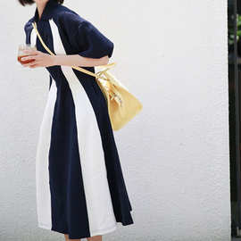 设计感拼接衬衫裙法式赫本风POLO领T恤裙中长款休闲运动甜美裙子