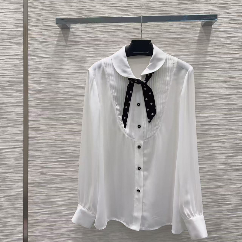 Shenzhen Nanyou 26 Spring Collection Ladylike Style White Satin Shirt for Women with Long Sleeves, Bow Tie, and Pleated Design Top