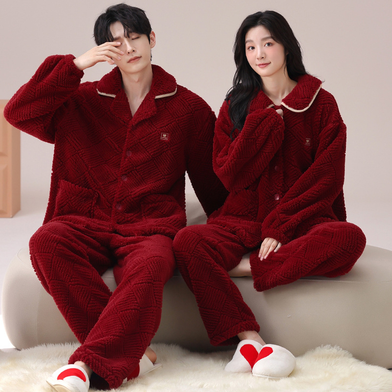 睡衣情侣装冬季珊瑚绒加厚加绒大红色结婚新婚法兰绒家居服套装