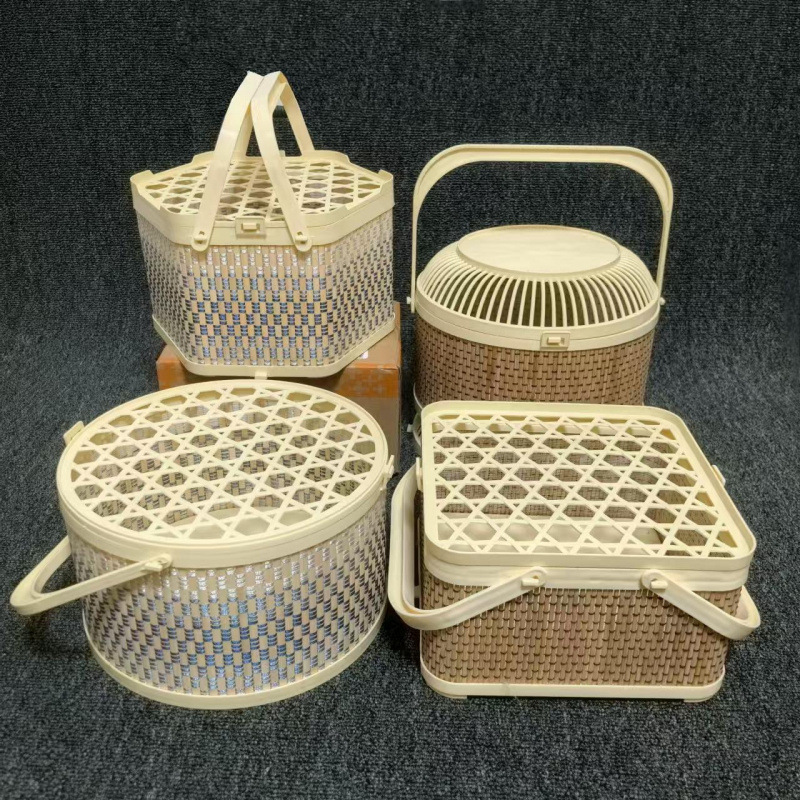 仿竹篮手提圆形方形六角塑料带盖水果土特产杨梅礼品篮筐盒鸡批发